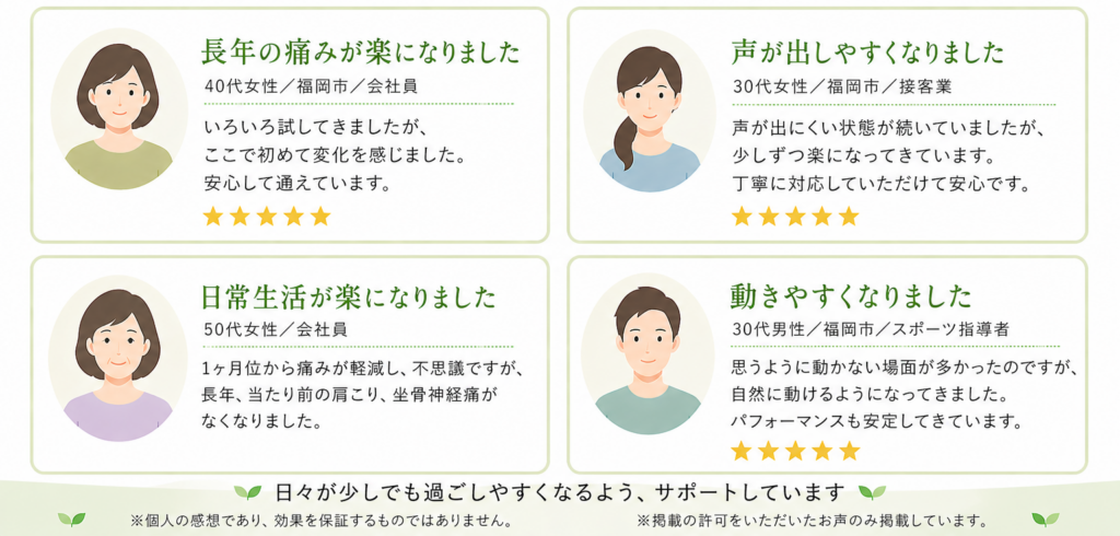 喜びの声の一覧　てんびんカイロプラクティックに通われた方の感想紹介