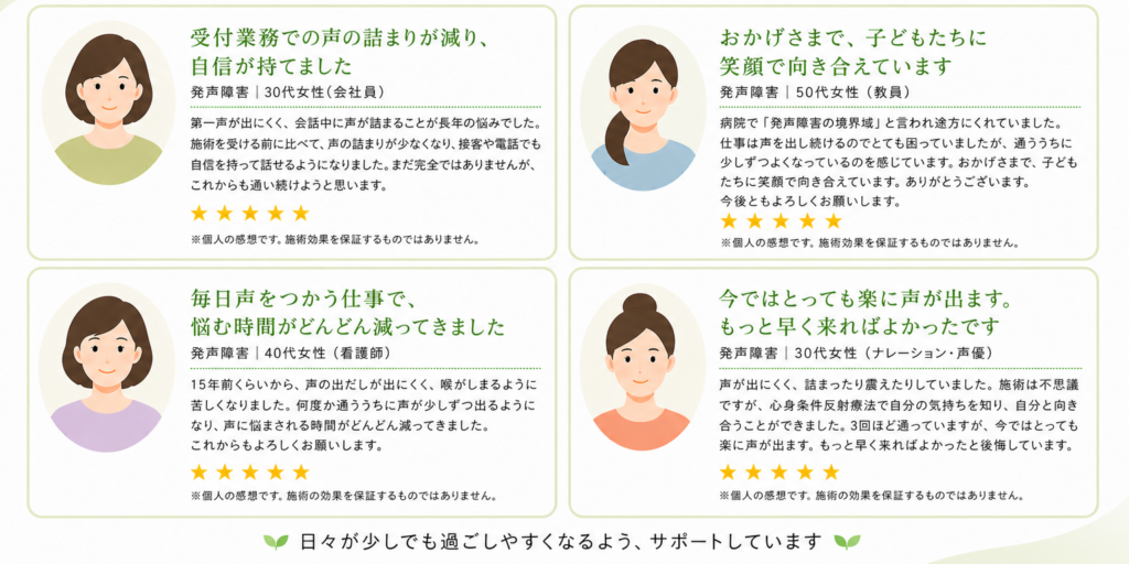 発声障害（声の詰まり・震え）が改善した4名の方の喜びの声。会社員、教員、看護師、ナレーターそれぞれの体験談。