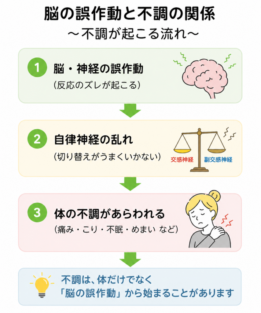 脳・神経系の誤作動と自律神経の乱れ、体の不調が起こる流れの図解