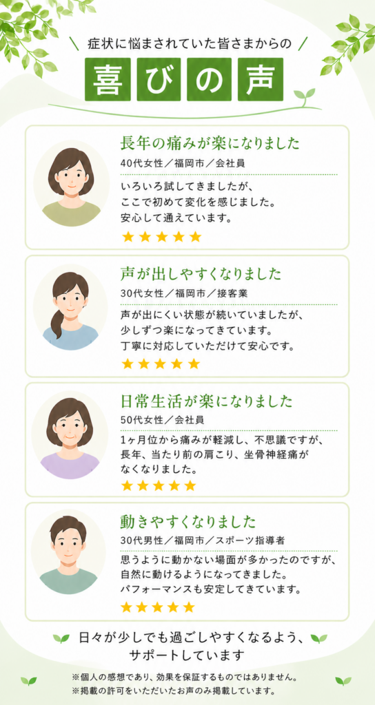 喜びの声の一覧　てんびんカイロプラクティックに通われた方の感想紹介