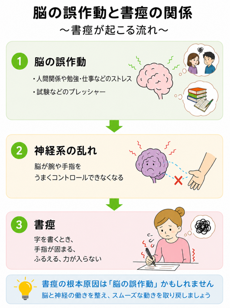 書痙（字を書く時の指の固まり・震え）と脳の誤作動の関係を図解｜福岡市博多駅前のてんびんカイロプラクティック