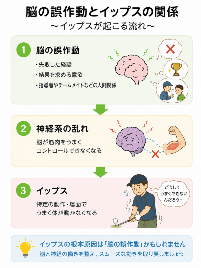 脳の誤作動とイップス(スポーツ・特定の動作の不調)の関係を図解|福岡市博多駅前のてんびんカイロプラクティック