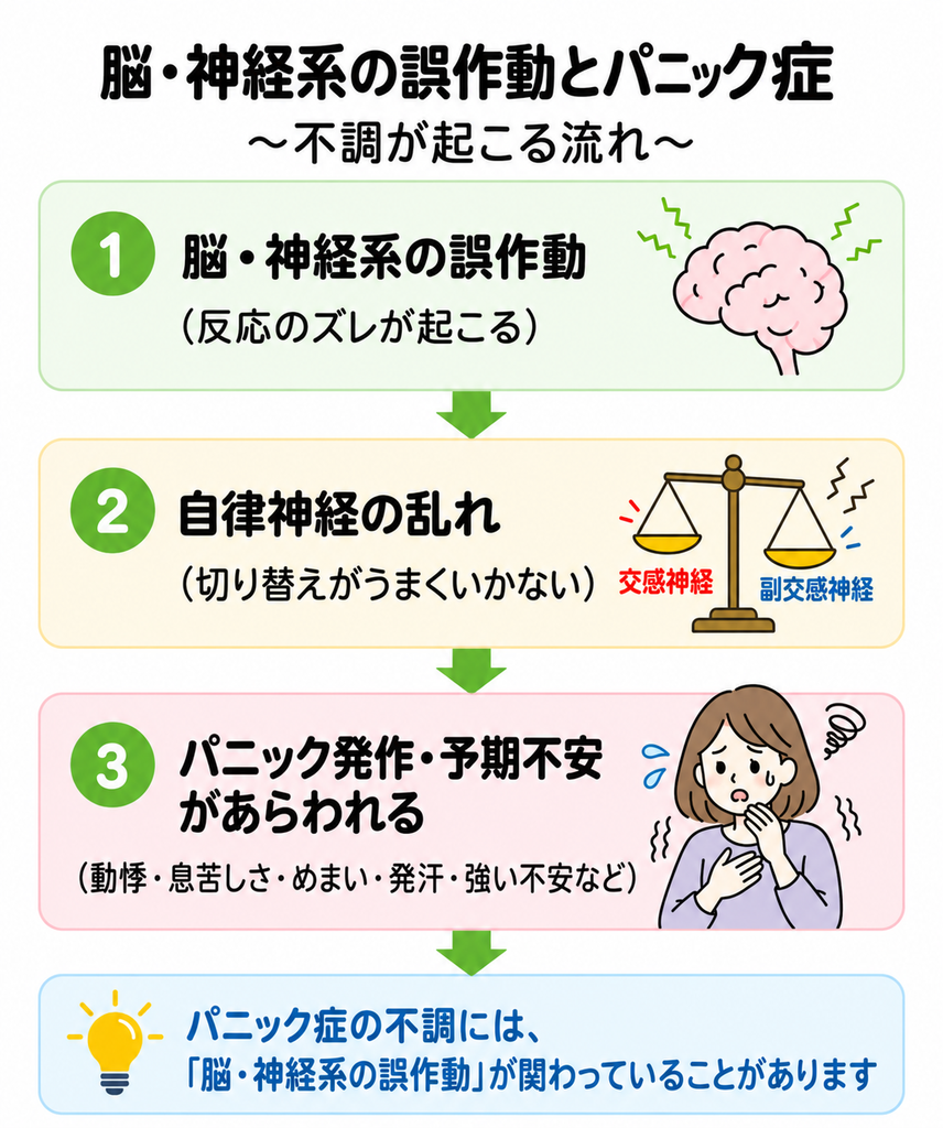 脳・神経系の誤作動から自律神経が乱れ、動悸や息苦しさ、めまい、発汗、強い不安などのパニック発作や予期不安があらわれる流れを説明した図