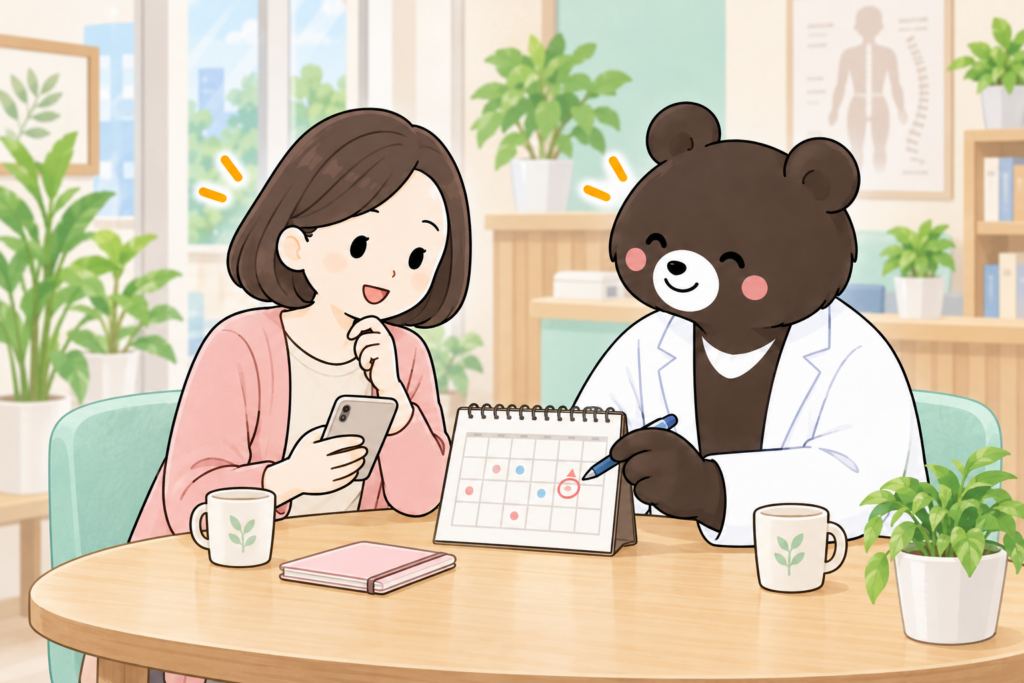 カレンダーとスマートフォンを見ながら次回の来院時期を一緒に考えているイラスト