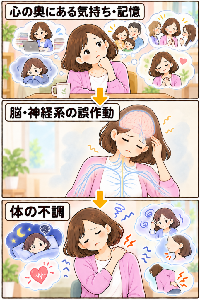 心の奥にある気持ちや記憶が脳・神経系の誤作動につながり、肩こりや不眠、めまいなどの体の不調として現れる流れを描いた3コマ漫画。