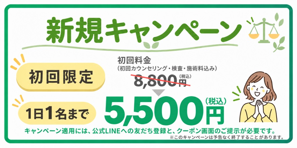 新規キャンペーンのバナー。初回限定、LINE登録で8800円が5500円。